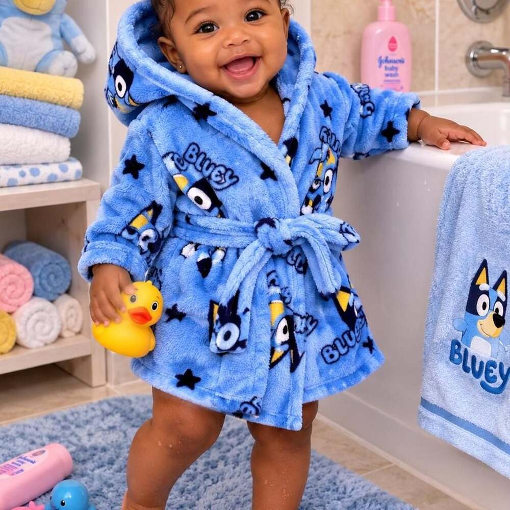 Bluey Kids Fleece Hooded Bathrobe Light Blue Character Print Size 2T